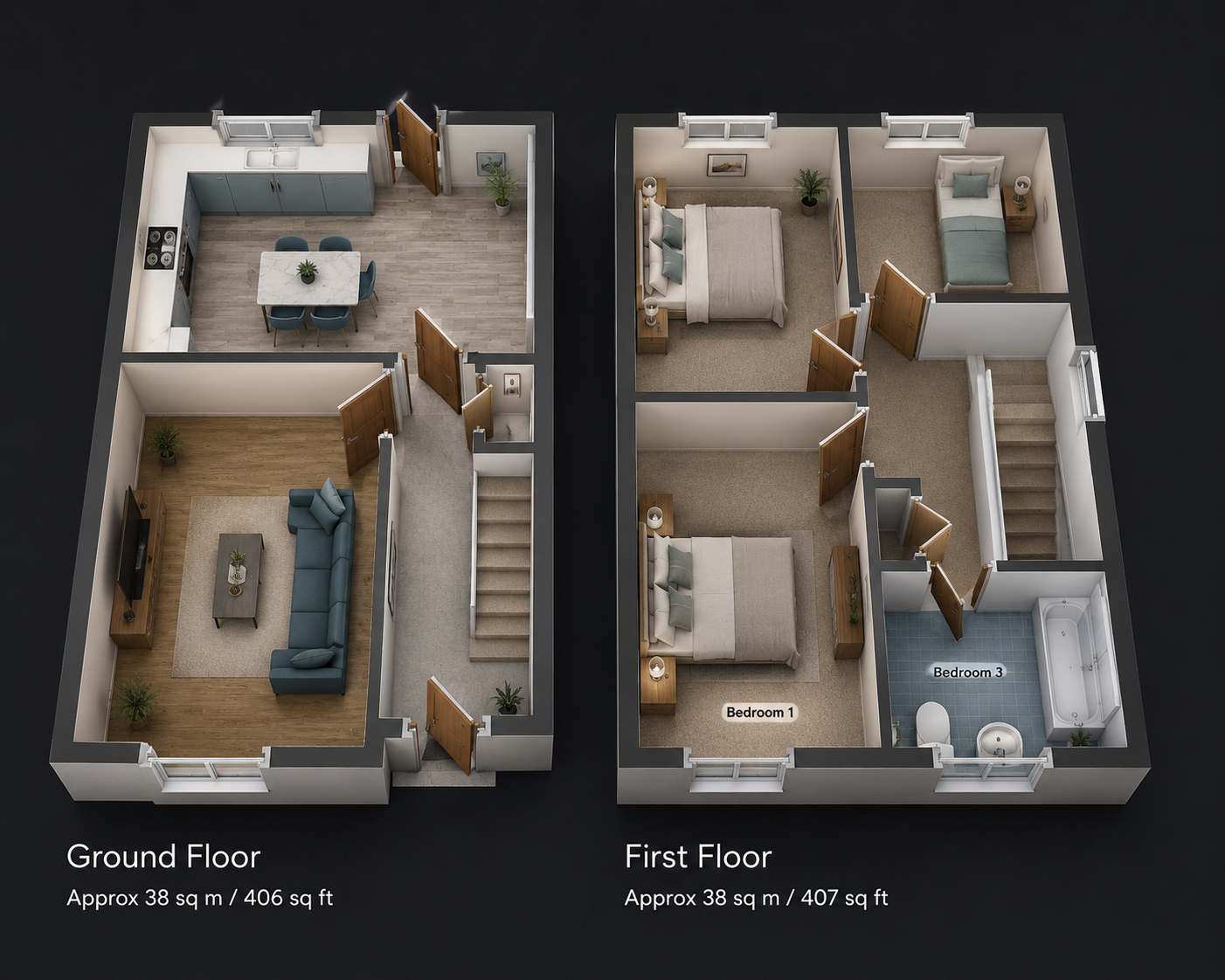 Floor plan of a two-story house. The ground floor has a living room with blue sofa and TV, and an open kitchen with dining table. The first floor has three bedrooms labeled Bedroom 1 through Bedroom 3, and a bathroom with bathtub.