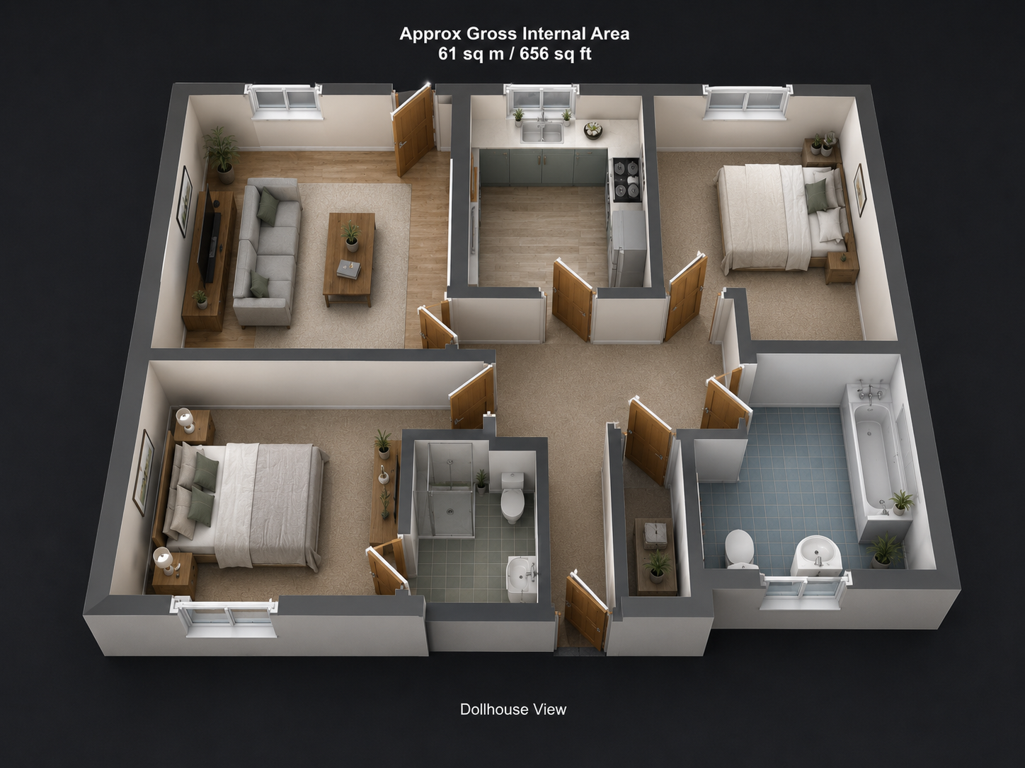 3D floor plan of a dollhouse showing two bedrooms, one with a double bed, and a living room with a TV, kitchen, bathroom with bathtub and shower, and separate toilet.