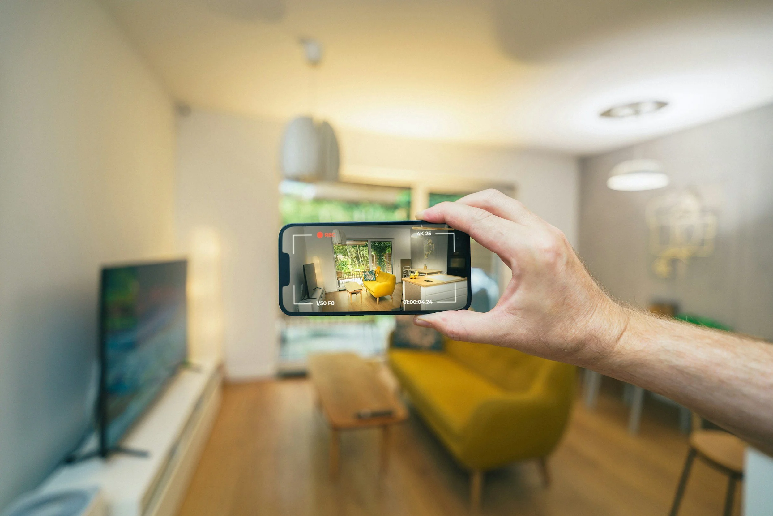 A person's hand holding a smartphone capturing a photo of a living room with a yellow couch, a wooden coffee table, and a TV. The photo is being taken indoors with natural light coming through a window.