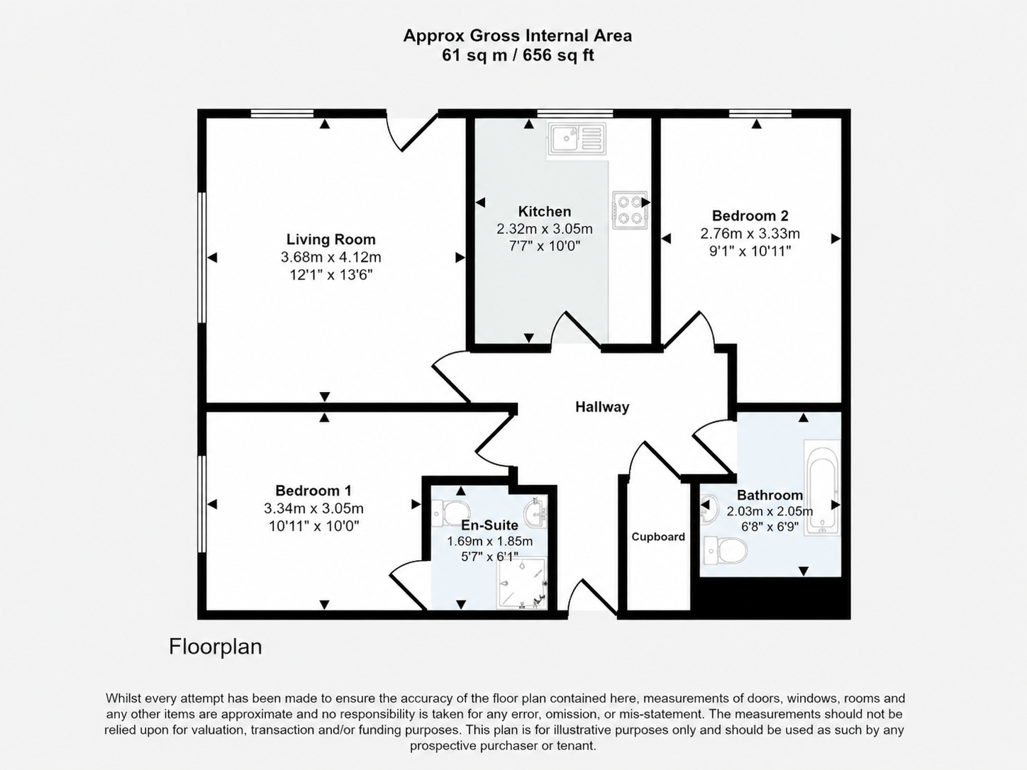Floor plan of a house showing a living room, kitchen, two bedrooms, bathroom, en-suite, hallway, and cupboard with dimensions and labels.