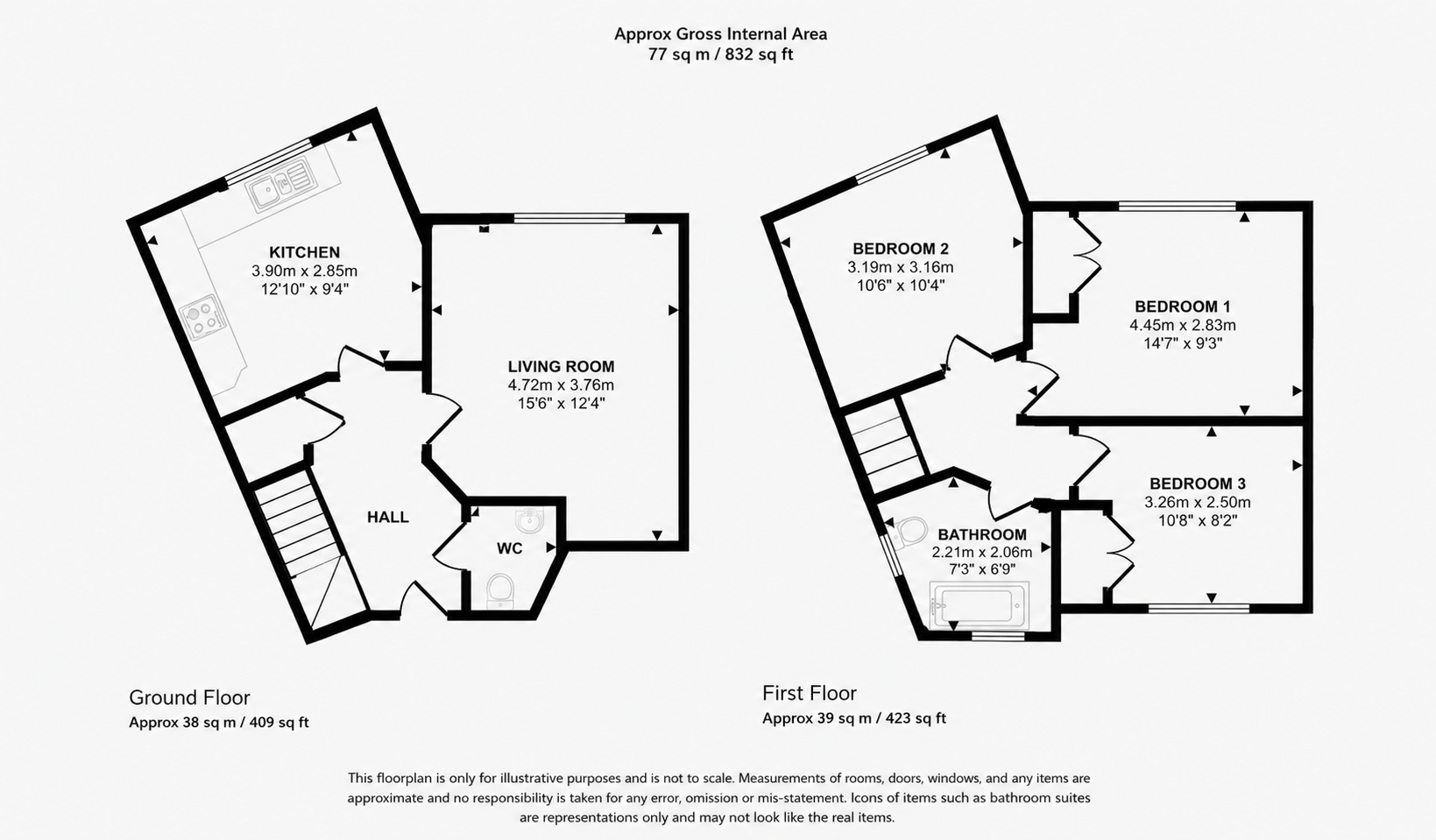 Floor plan of a two-story house showing the ground floor with a hall, WC, living room, and kitchen, and the first floor with three bedrooms, a bathroom, and stairs, with measurements in meters and feet.