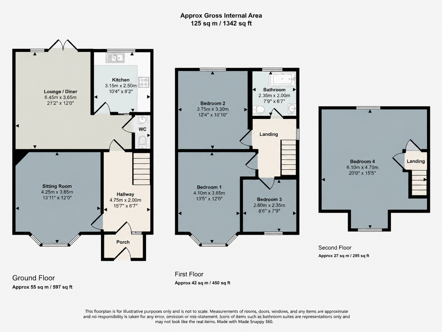 Floor plan of a multi-story house showing ground floor, first floor, and second floor layouts with rooms labeled and dimensions provided.