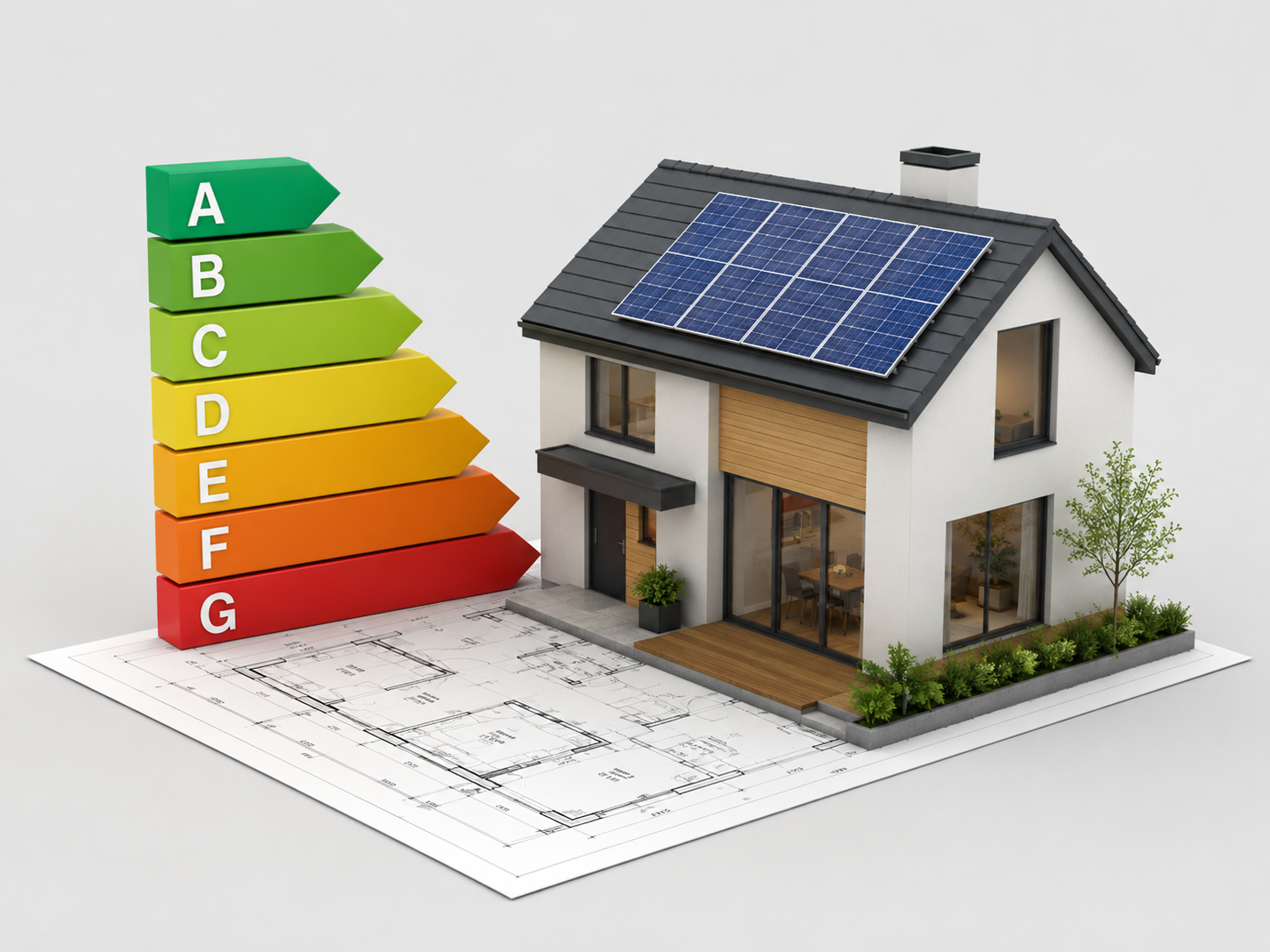 Model house with solar panels on roof, placed on architectural blueprints, adjacent to an energy efficiency rating scale from A to G.