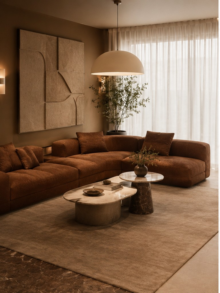 Living room with a brown sectional sofa, two marble-top coffee tables, a large potted plant near window, beige rug, wall art, and sheer curtains.