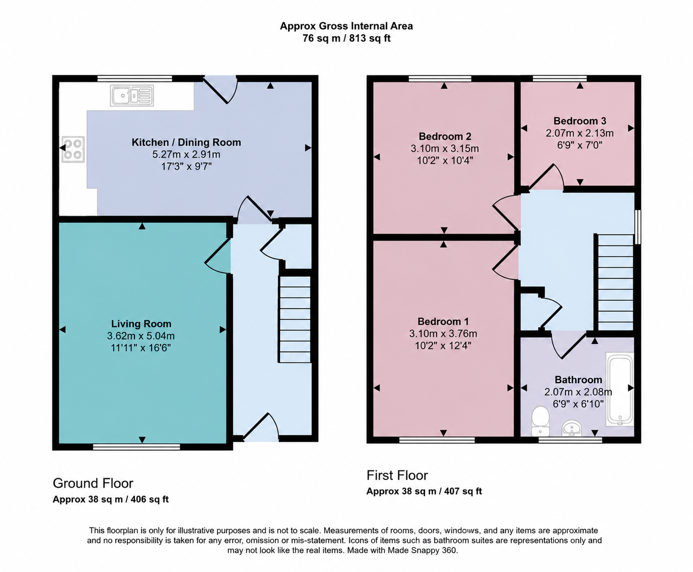 Floor plan of a two-story house showing ground floor with a living room and kitchen/dining room, and first floor with three bedrooms and a bathroom. Approximate total area is 76 square meters.
