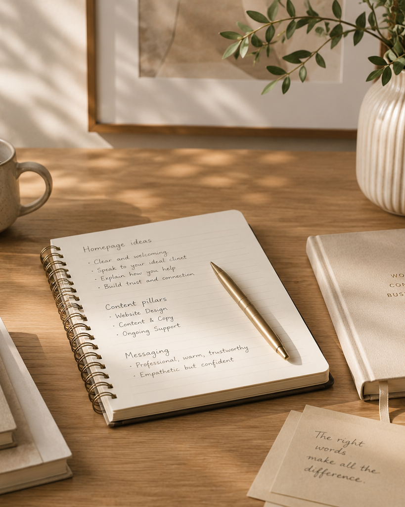 A notebook with handwritten notes on homepage ideas, content pillars, and messaging, accompanied by a gold pen, on a wooden desk. There is a beige mug, a framed art piece, and a striped vase with green foliage in the background.