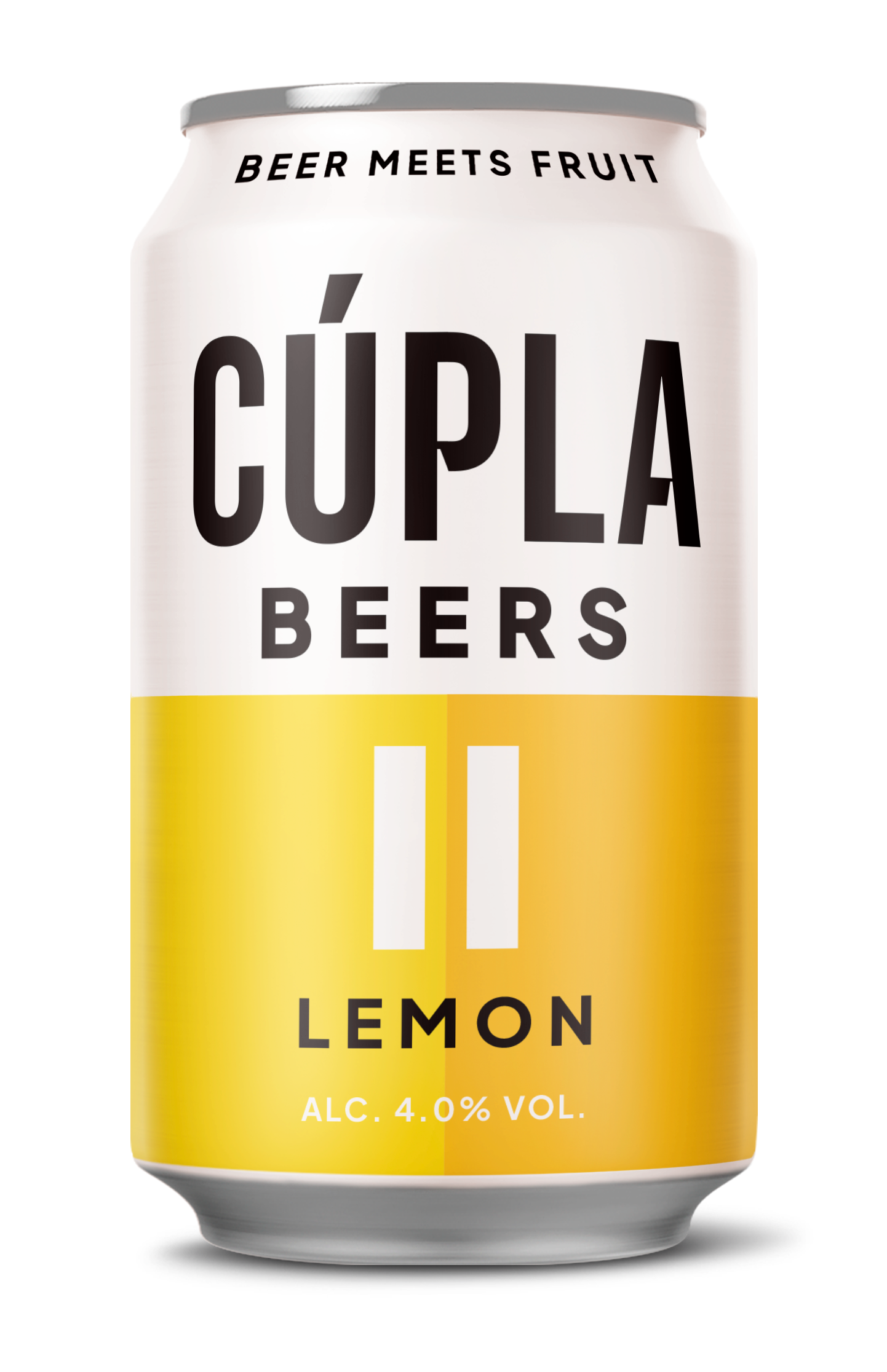 Can of Cúpla Lemon Beer, a lemon-flavored beer, featuring a white and split yellow design and the phrase 'Beer meets fruit' on top. 4.0% alcohol by volume.
