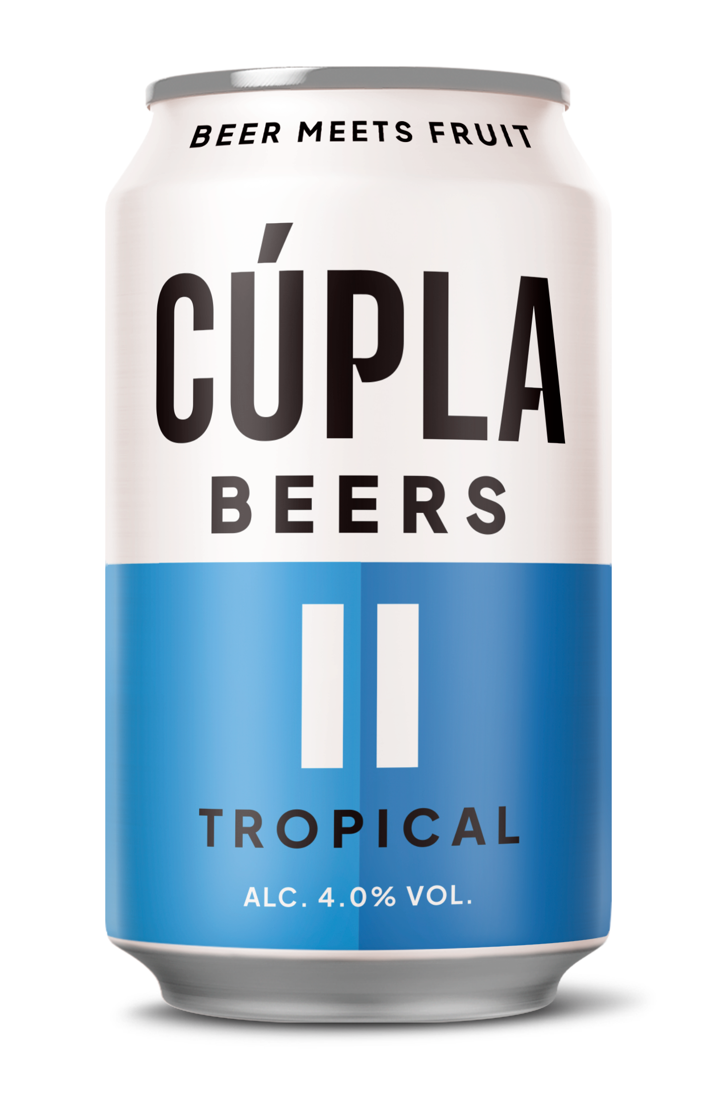 A can of Cúpla Tropical Beer with 4% alcohol by volume, featuring a white and split blue design and the tagline 'Beer Meets Fruit' at the top.