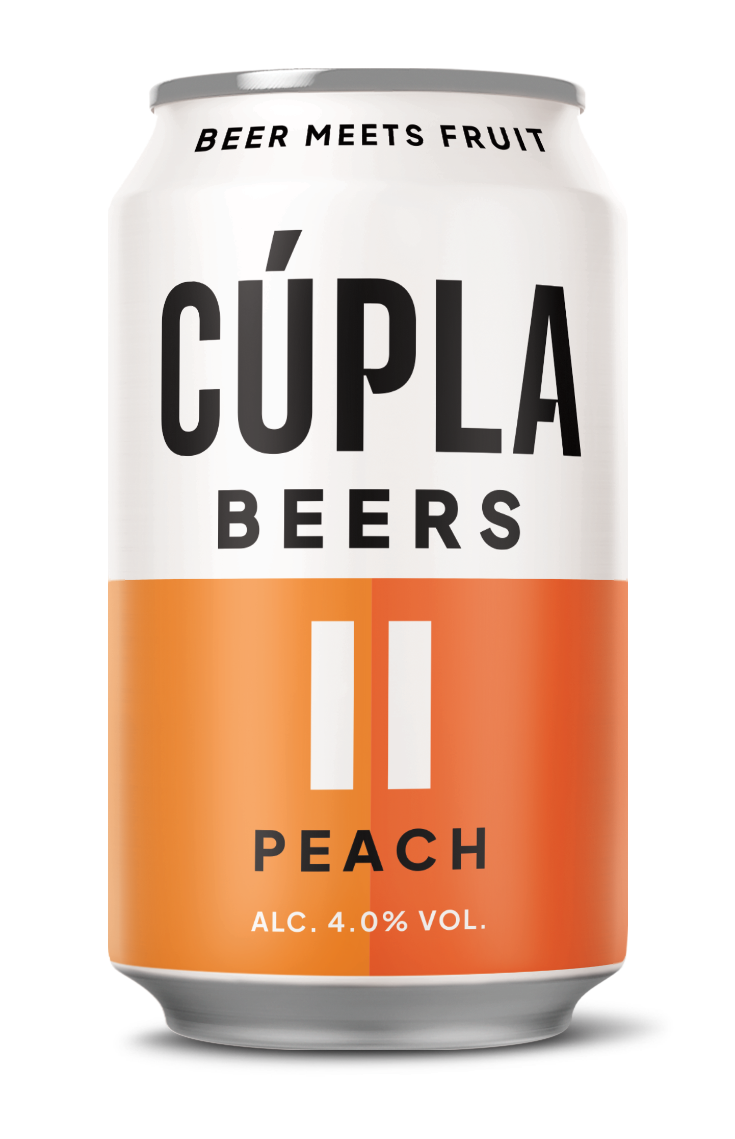 A can of Cúpla Peach beer with a white and split colour orange label, alcohol content 4.0%, and the tagline 'Beer meets fruit'.