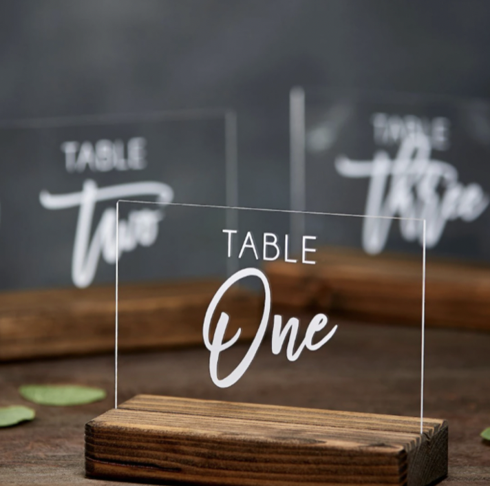 CLEAR ACRYLIC WITH WHITE LETTERING TABLE NUMBERS | $7 EACH