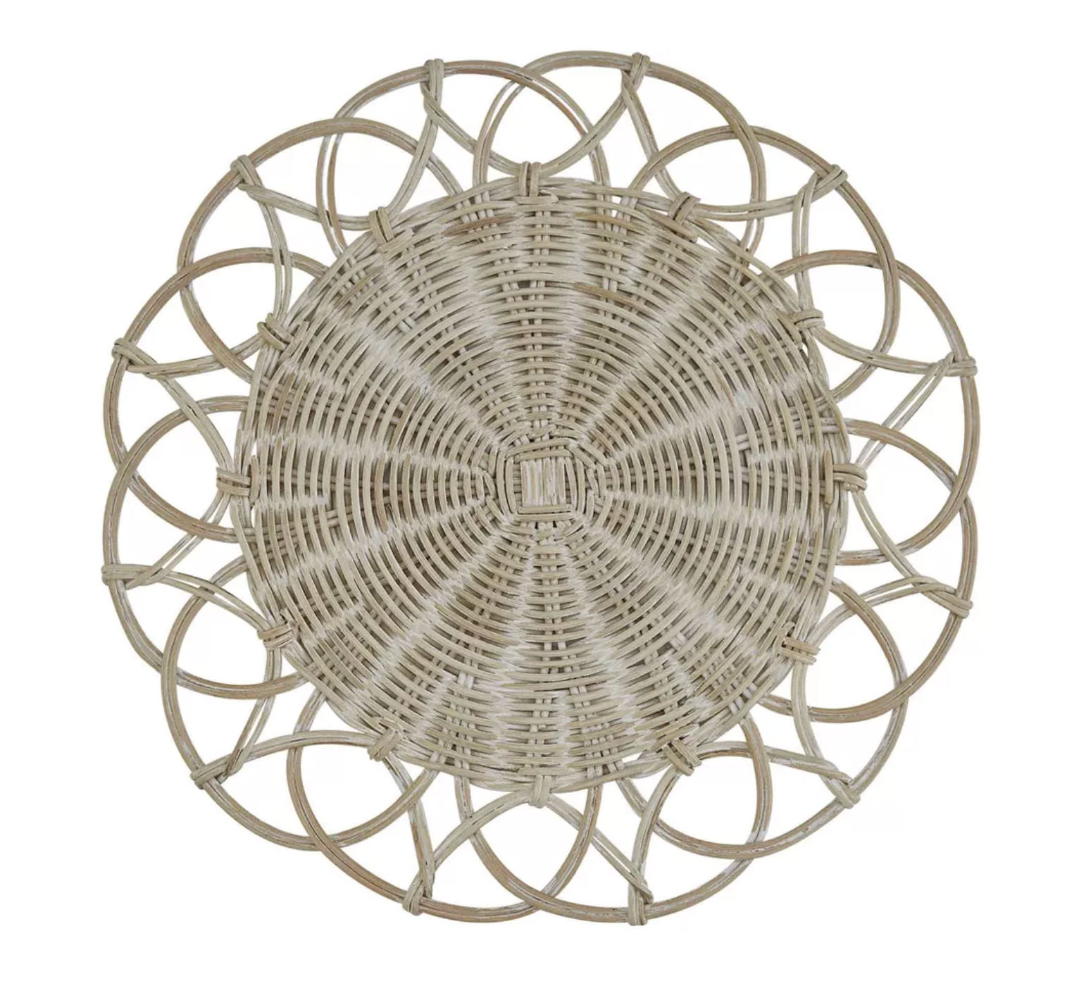 WHITE WASHED WICKER CHARGER | $4