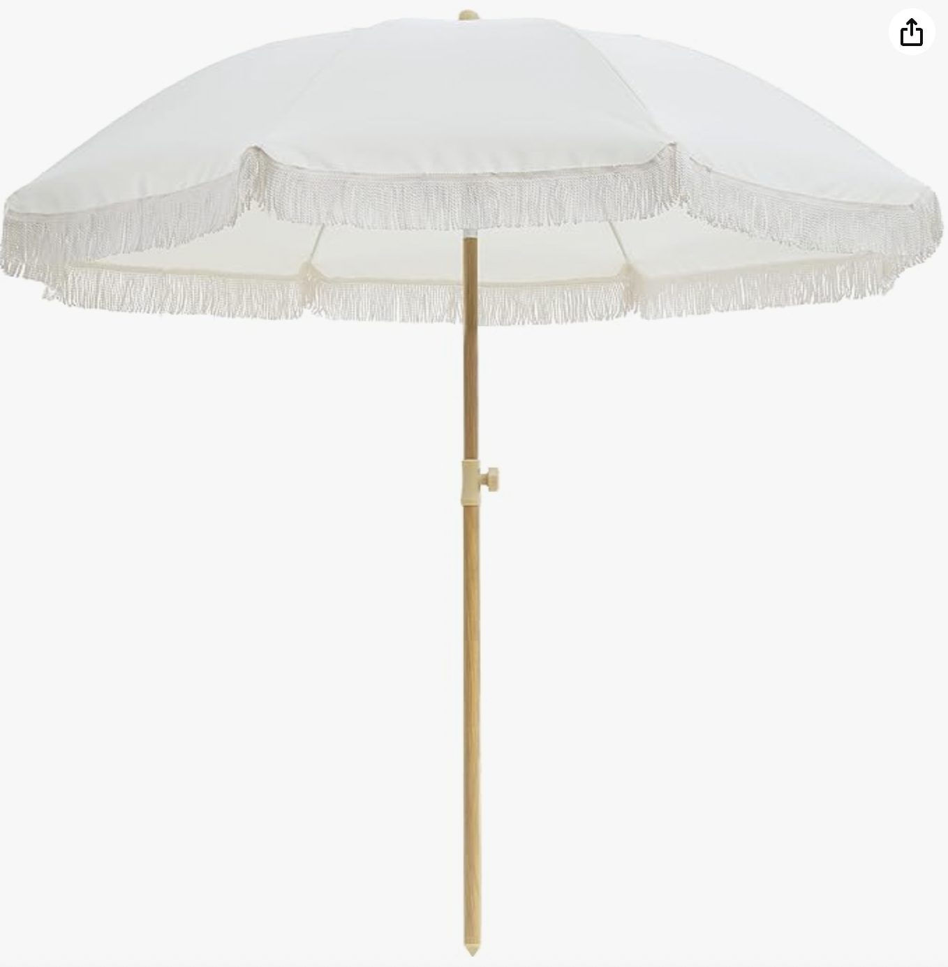 WHITE FRINGE UMBRELLA WITH BROWN STAND | $75