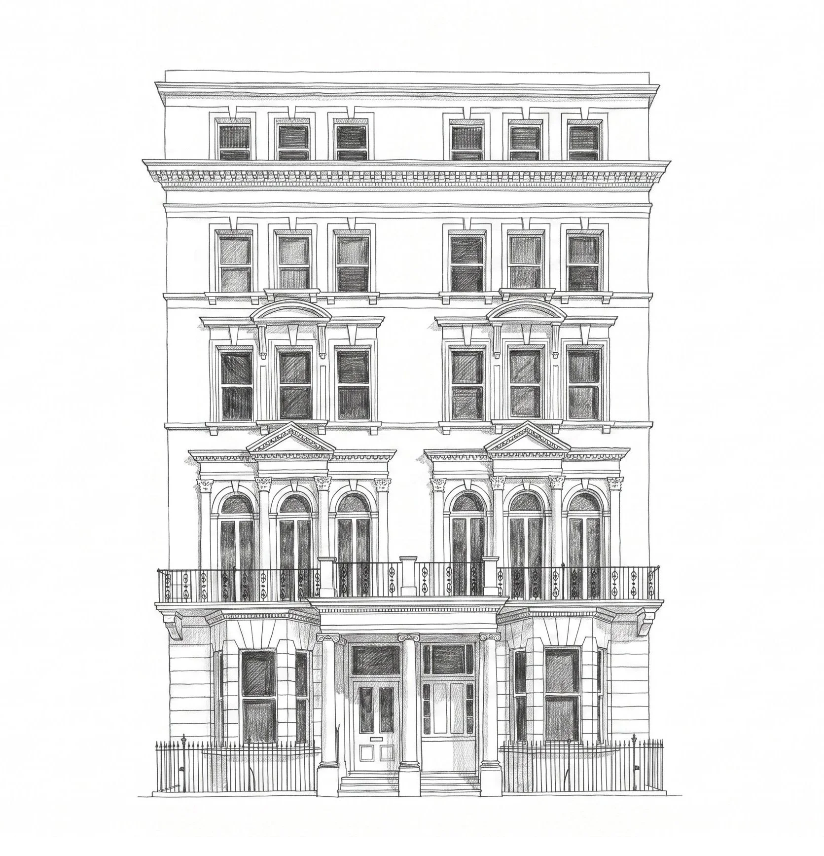 A detailed black-and-white architectural line drawing of a tall, multi-story historic building with ornate decorative elements, large windows, and balconies.
