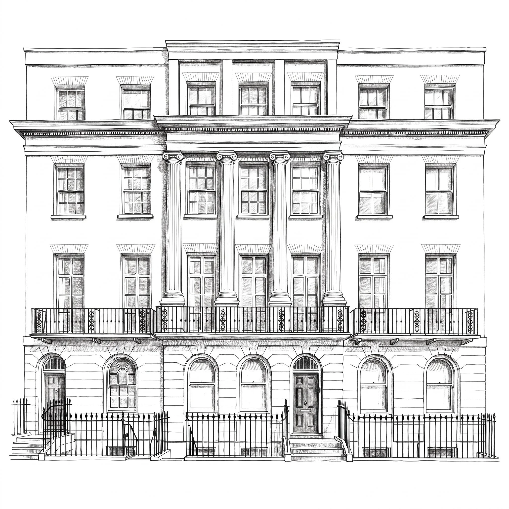 Black and white architectural drawing of a multi-story building with columns, windows, and a gated entrance.