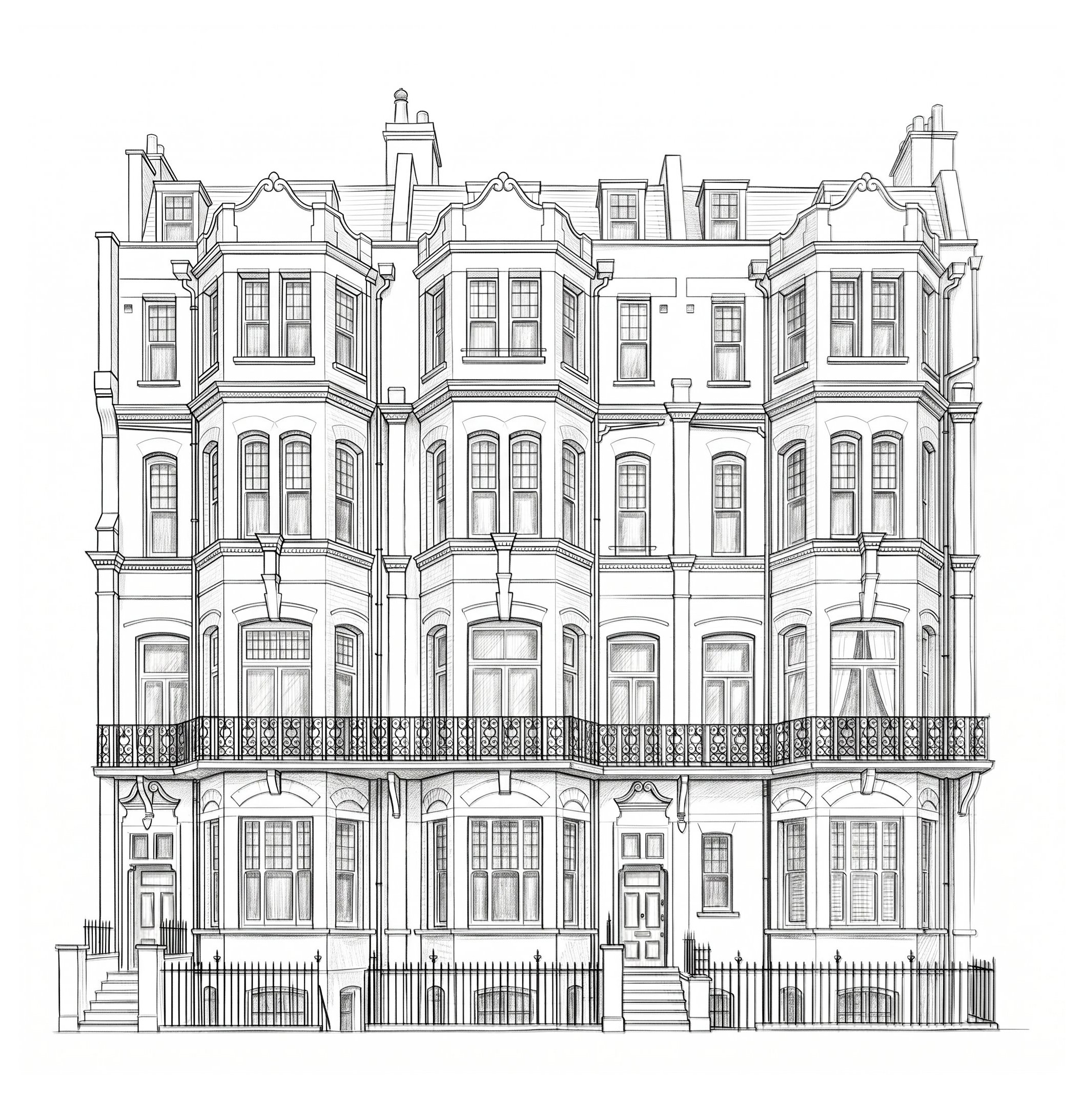 Black and white line drawing of a multi-story Victorian-style building with ornate architectural details, multiple windows, and a wrought iron fence in front.