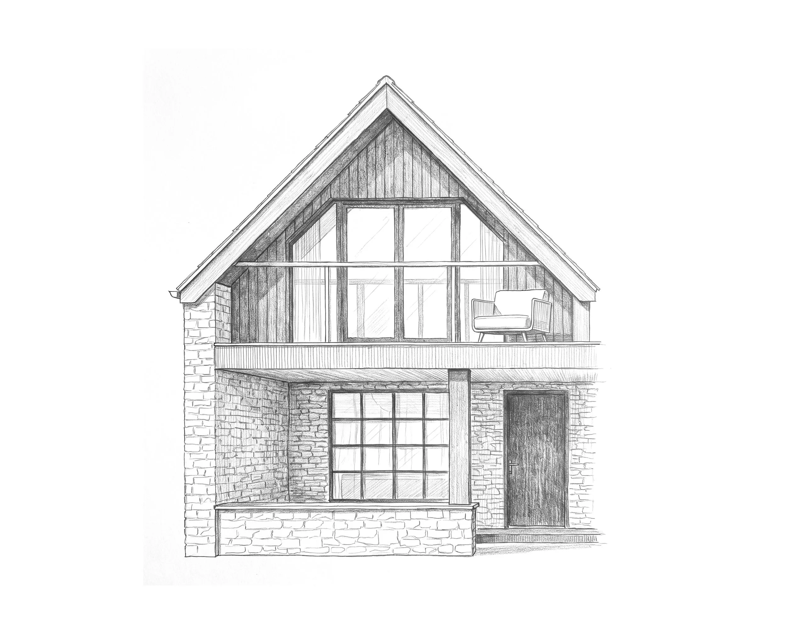 Drawing of a modern house with a sloped roof, large windows, brick and wooden exterior, and a small balcony with a chair.