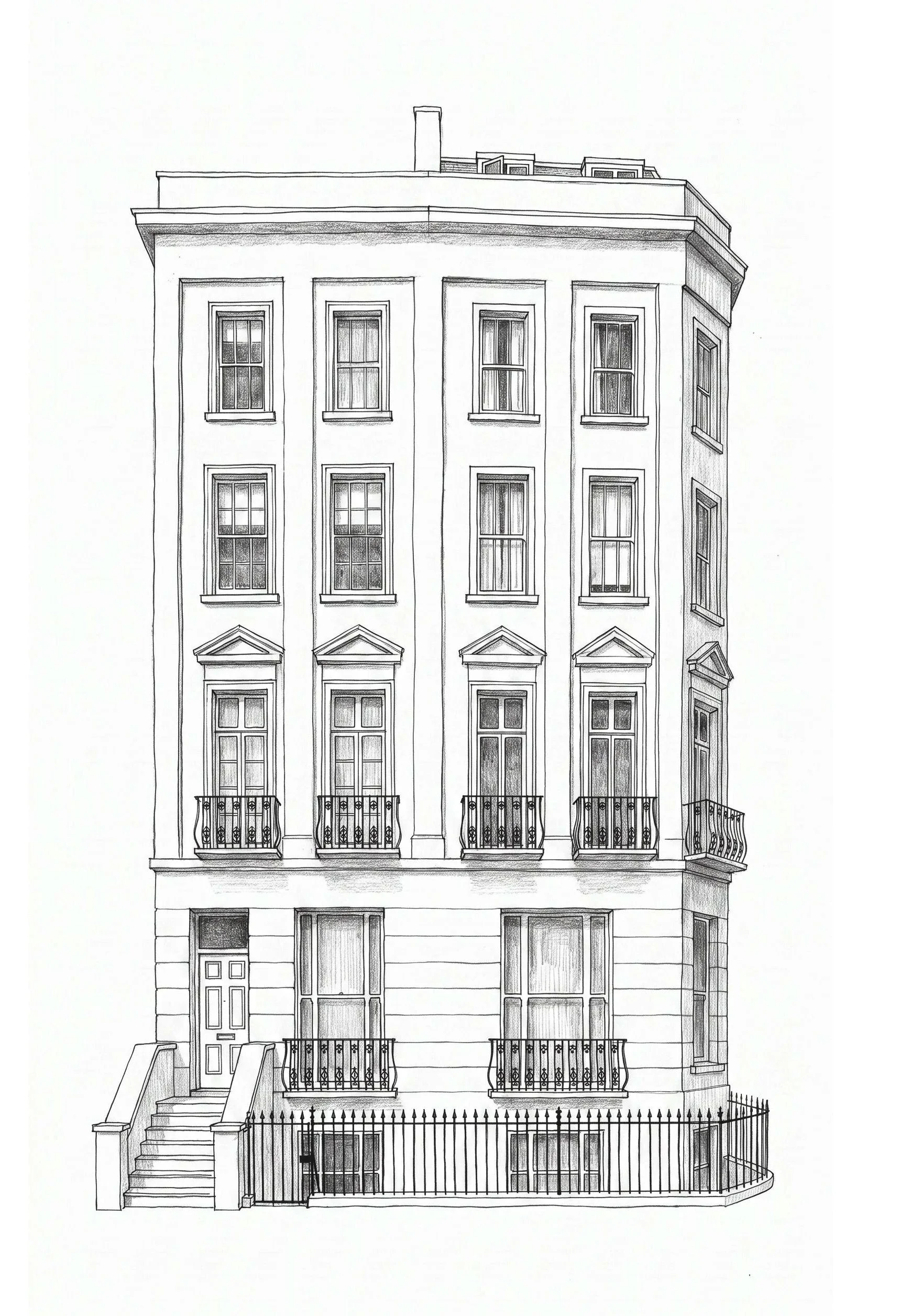 Black and white drawing of a multi-story residential building with stairs, a fence, and multiple windows with balconies.