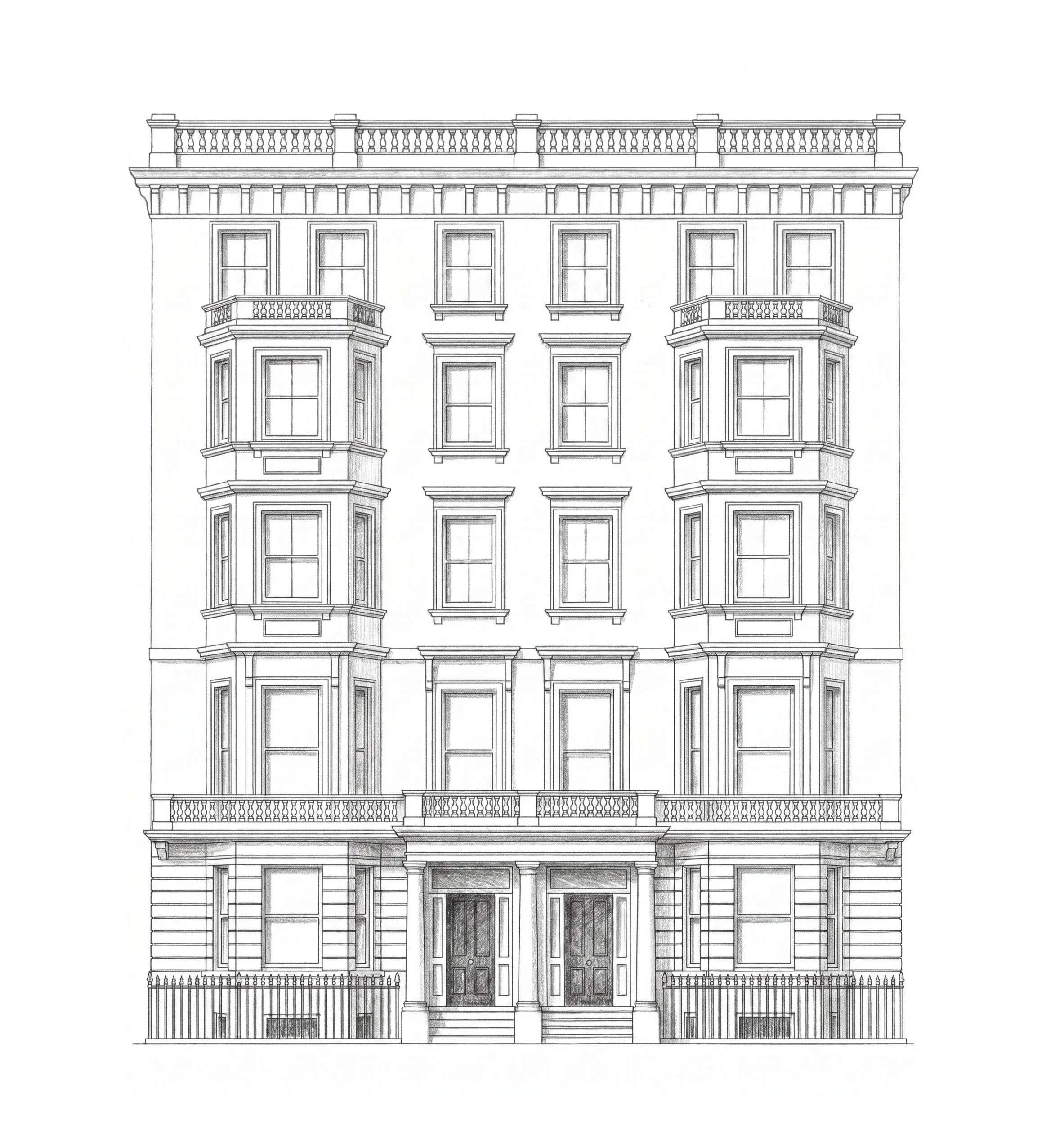 Architectural drawing of a historic multi-story building with decorated balconies, columns, and detailed window frames.