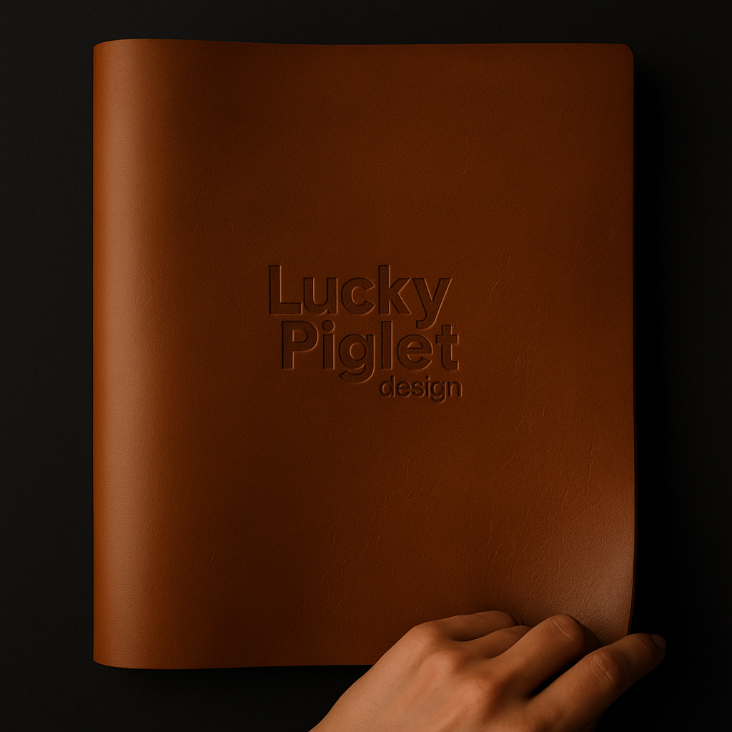 Brown leather-bound notebook with embossed text 'Lucky Piglet design' on the cover, held by a person's hand against a dark background.