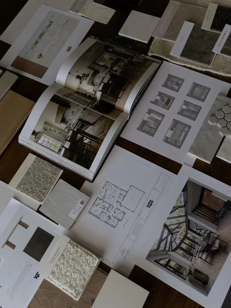 Interior design mood boards, flooring and fabric samples, architectural plans, and interior photographs laid out on a wooden table.