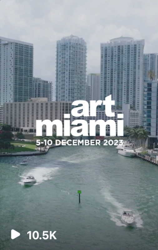 A photo of Miami's skyline with tall buildings and boats on the water. Overlay text announces 'art miami' event from December 5-10, 2023.
