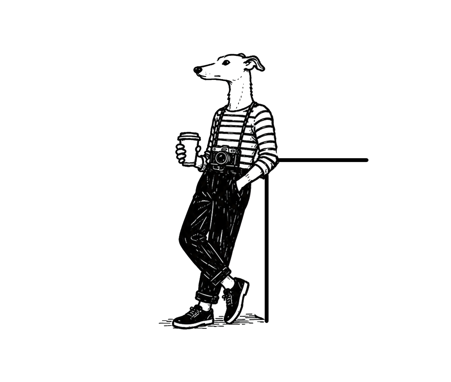 Line drawing of an anthropomorphic dog with a slender build, wearing a striped long-sleeve shirt, black pants, and sneakers. The dog is leaning casually against a wall, holding a to-go coffee cup in one hand and has a camera hanging around its neck.