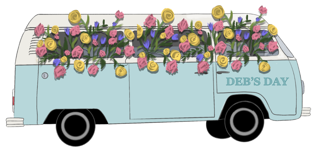 A decorated van filled with yellow, pink, and purple flowers for a celebration, with the words 'Deb's Day' written on the side.