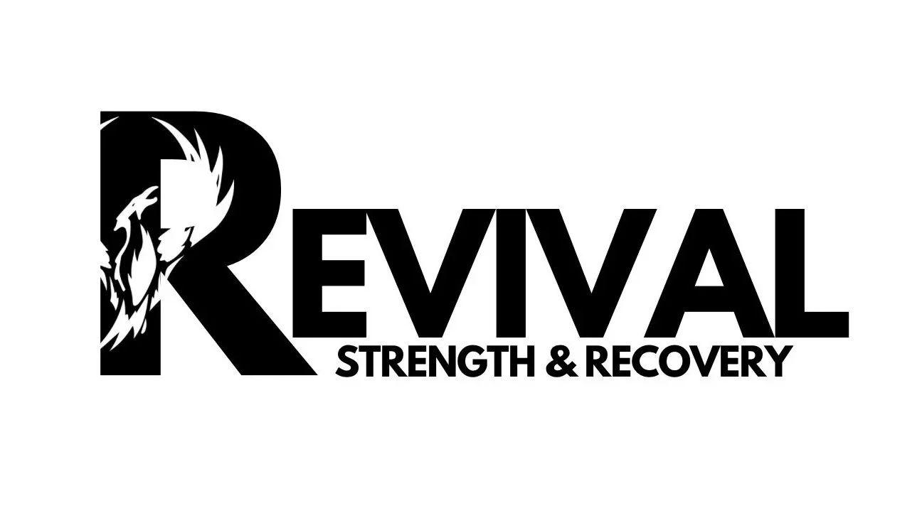 Black and white logo with a stylized lion's head in the letter R, and the words "REVIVAL STRENGTH & RECOVERY."