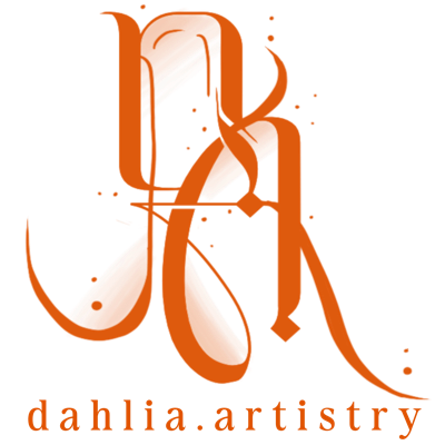 Black background with orange artistic lettering forming the initials 'D' and 'A' for dahlia.artistry, with the full name 'dahlia.artistry' written at the bottom in orange.