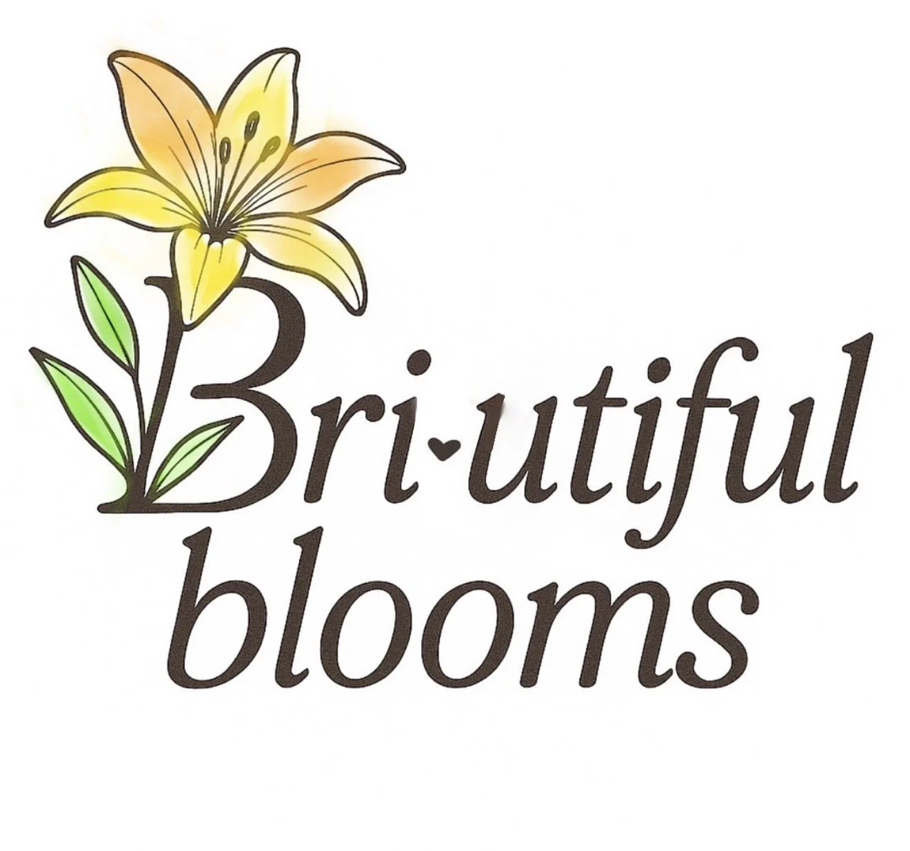 The logo features a yellow lily flower with green leaves and the words "Br-Iutiful blooms" in elegant black script.