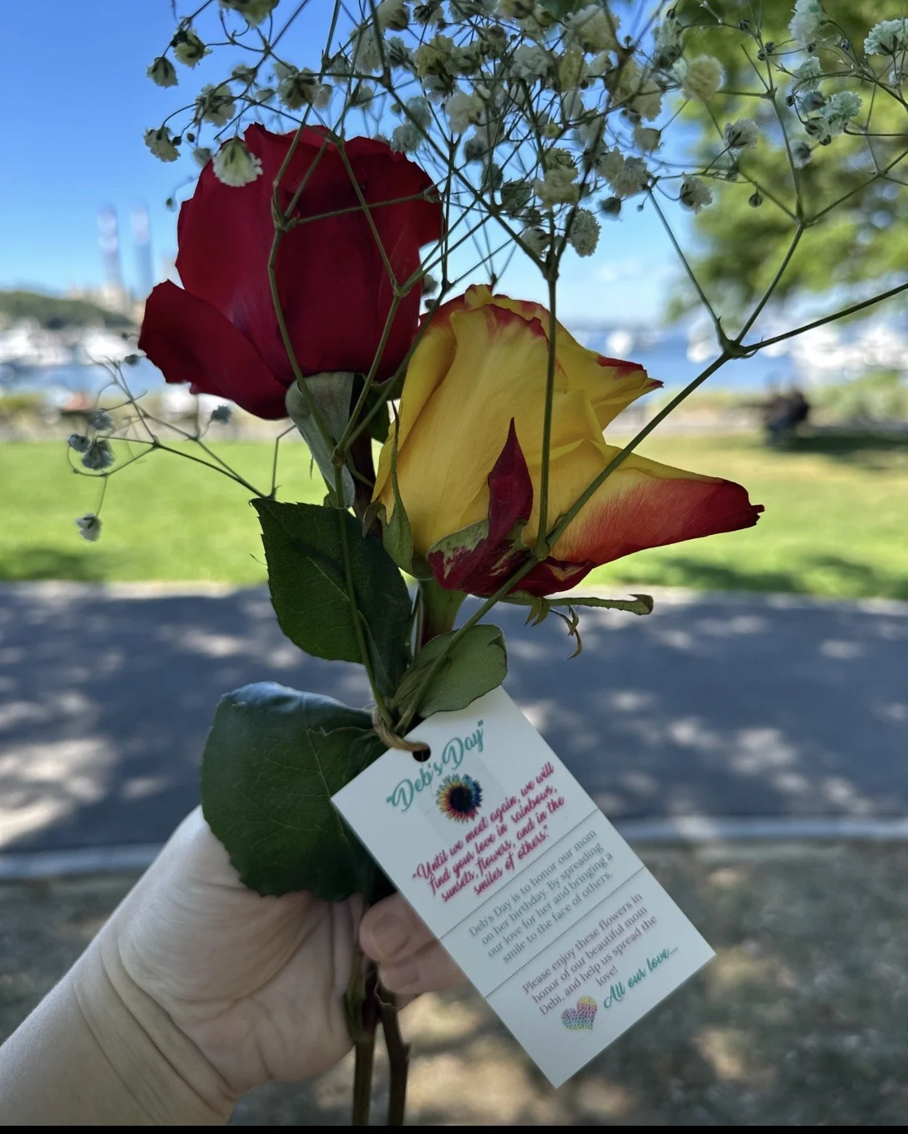 Person holding a bouquet of red and yellow roses with baby's breath flowers, attached to a card for Deb's Day, outdoors on a sunny day with trees and water in the background.