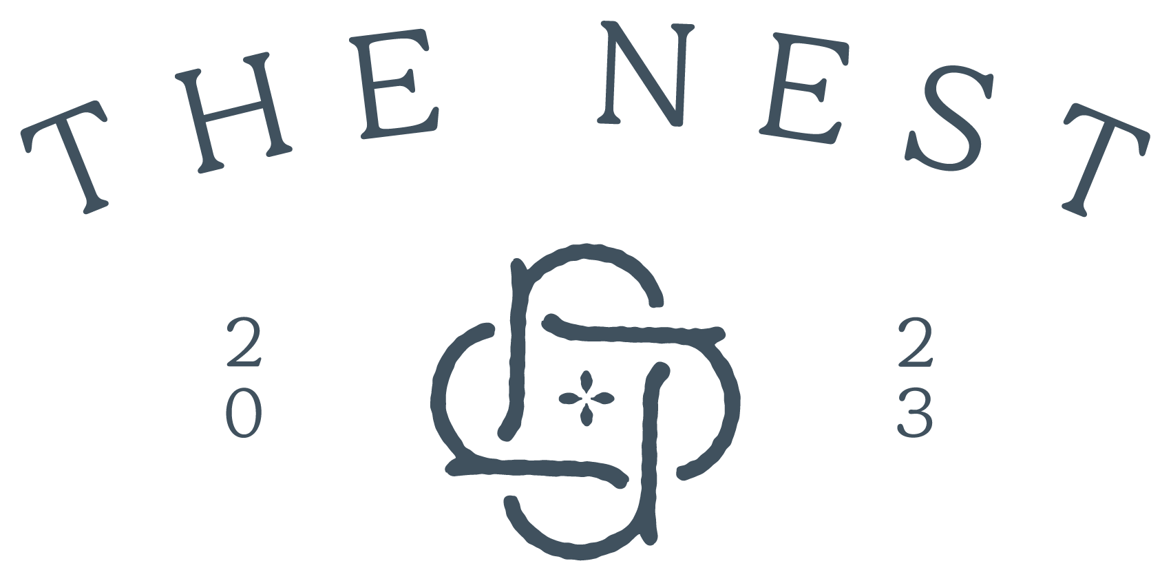 Logo for The Nest 2023, featuring stylized text with the word "THE" curved above "NEST" and "2023" on either side of a central decorative symbol.