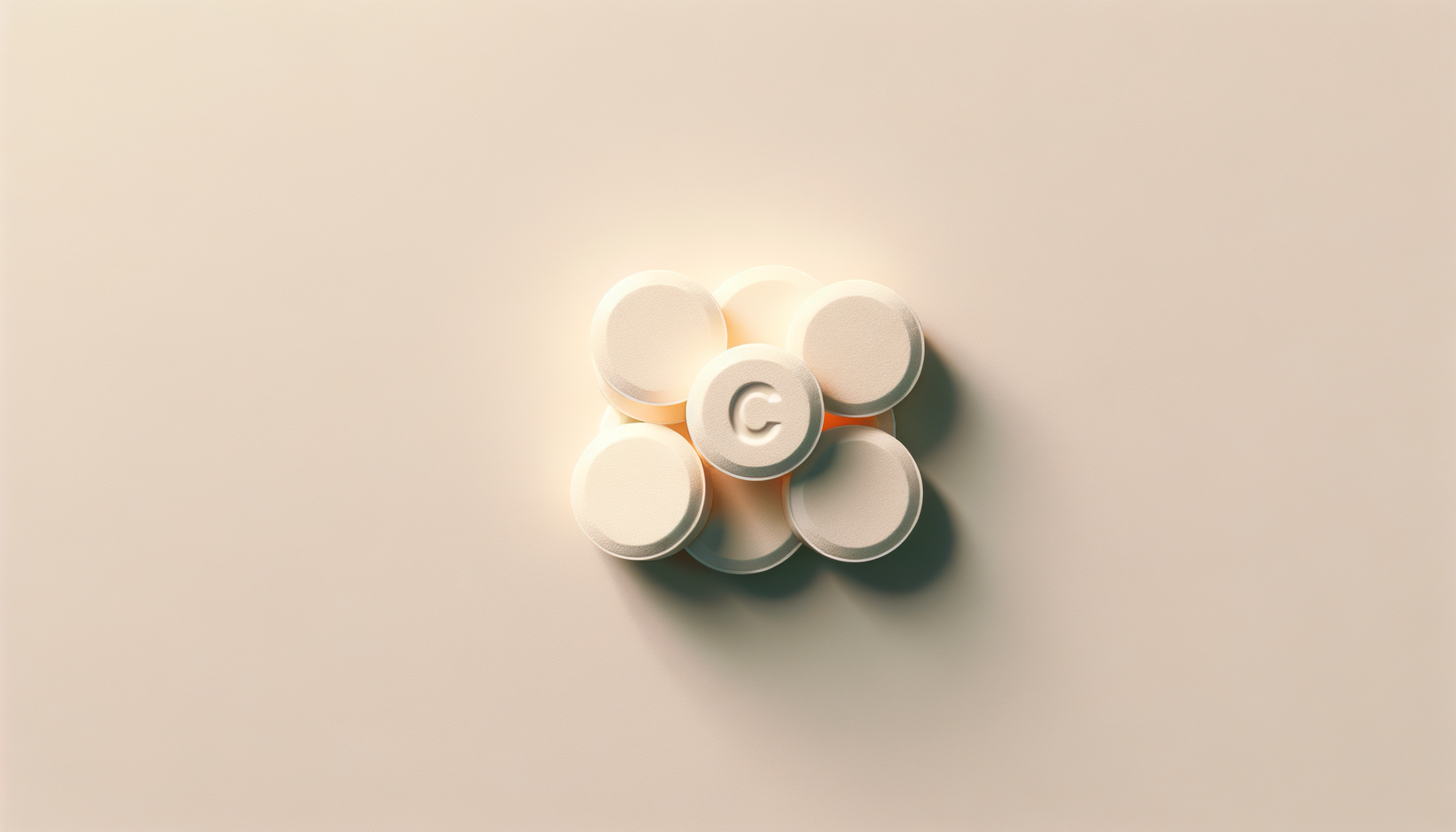 Cluster of white pills with one pill featuring a letter 'C' on it, arranged on a light beige background.