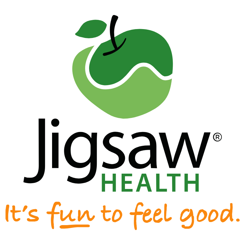 Logo for Jigsaw Health featuring a stylized green apple with a snake wrapped around it, and the text 'jigsaw HEALTH' with the tagline 'It's fun to feel good' in orange.