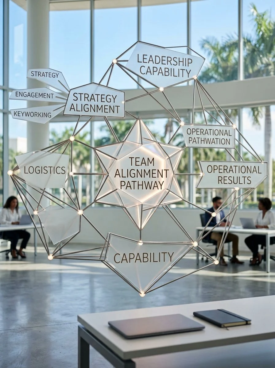A geometric wireframe infographic displaying key elements of team alignment and organizational success. It includes labels such as leadership capability, strategy alignment, operational pathway, logistics, capability, operational results, team alignment pathway, strategy, engagement, keywording, and others, interconnected with lines against a bright office background with large windows and palm trees outside.