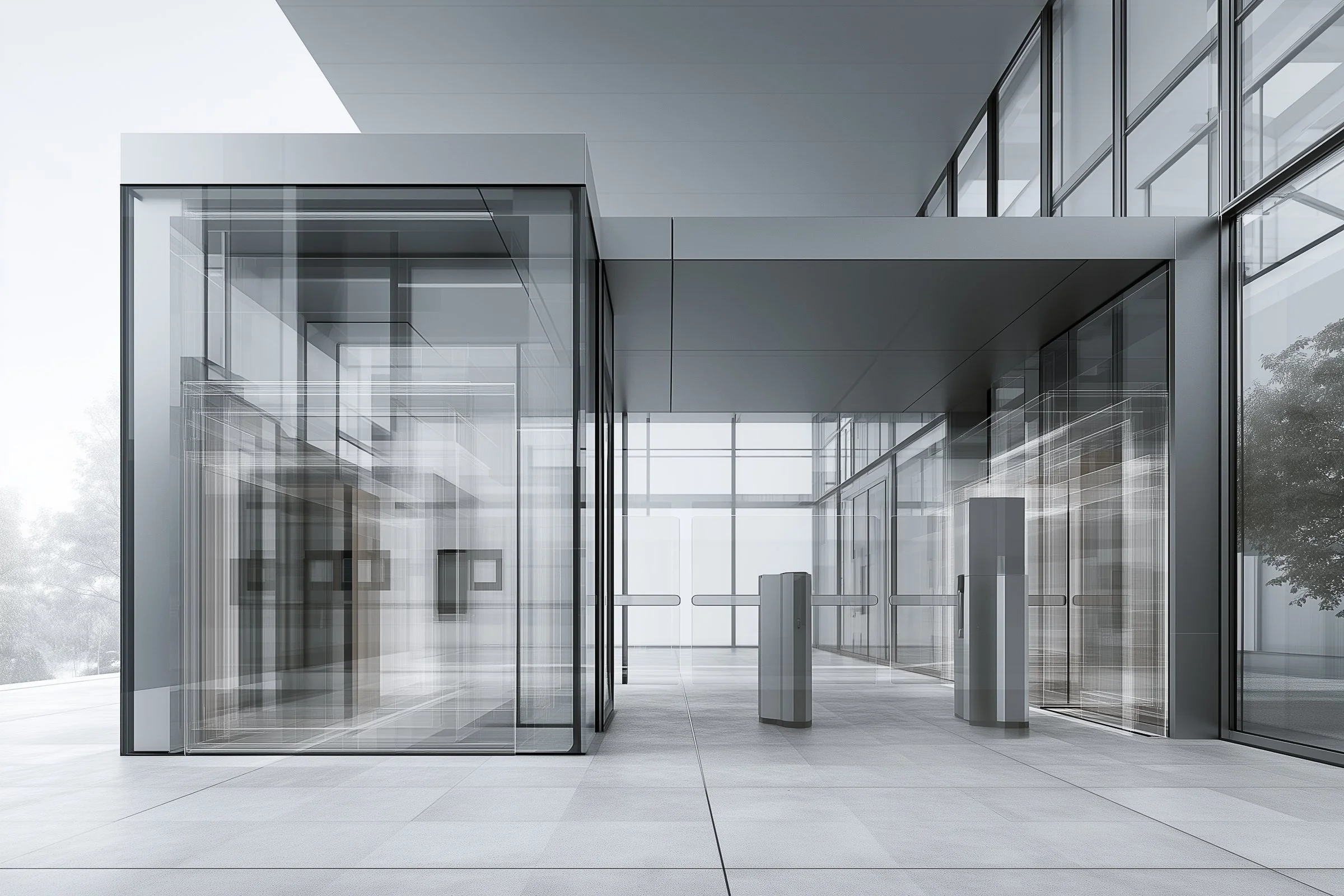 Modernes Gebäude mit großen Glasfenstern und automatischen Schiebetüren an den Eingängen.