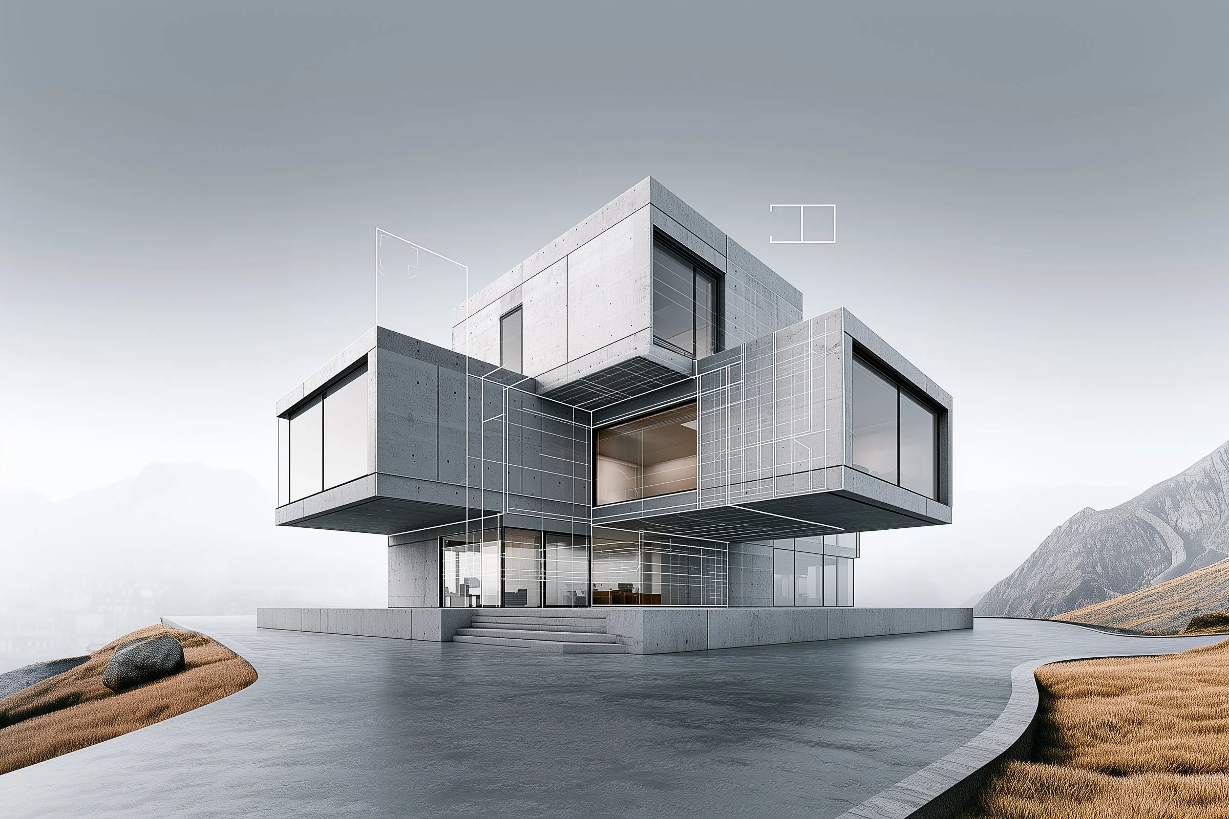 Moderne, geometrische Architektur eines Hauses aus Beton mit großen Glasfenstern, auf einem Bergplateau mit steinigen Flächen und schlichten Straßen, umgeben von Bergen gegen den Himmel.