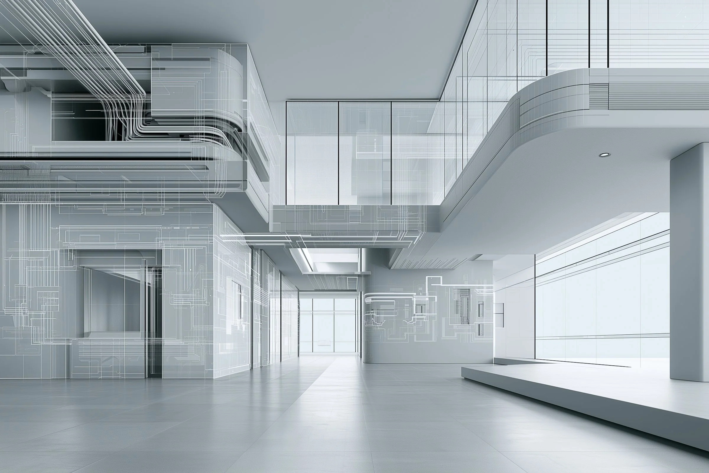 Modernes, minimalistisches Innenarchitekturdesign mit klaren Linien, großen Fenstern und technischen Skizzen überlagert.