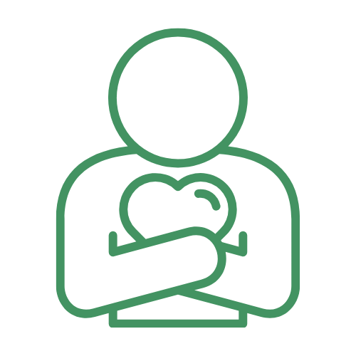 Outline of a person holding a heart close to their chest, symbolizing love or caring.