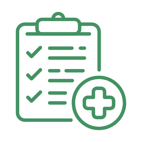 Icon of a checklist on a clipboard with a medical cross symbol, representing healthcare or medical checklist.