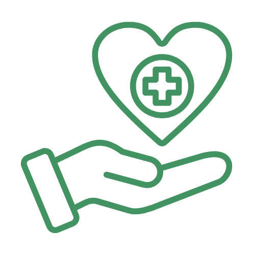 Outline of a hand holding a heart with a medical cross and plus sign inside.