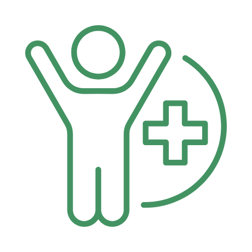 Green outline icon of a person with raised arms next to a medical cross and a shield.