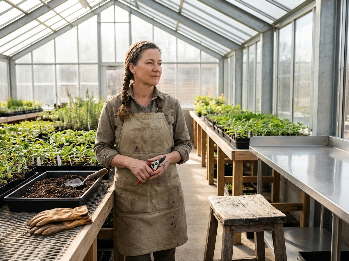 A woman with braided hair wearing an apron holds gardening shears inside a greenhouse, surrounded by trays of young plants.