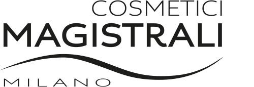Black and white logo for Cosmétique Magistra, featuring the words 'Cosmétique Magistra Milano' with a curved line underneath.