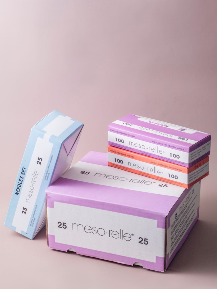 Various boxes of meso-rosse needles, including boxes of 25 and 100 needles, displayed on a pink background.