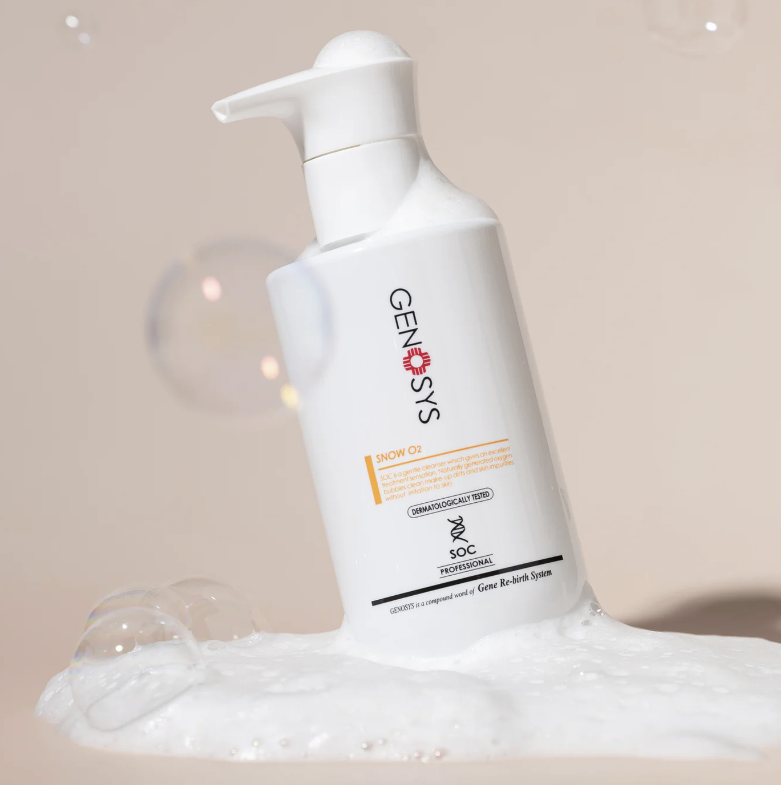 A white bottle of Genosys Snow O2 skincare product with foam spilled around it, against a neutral background.