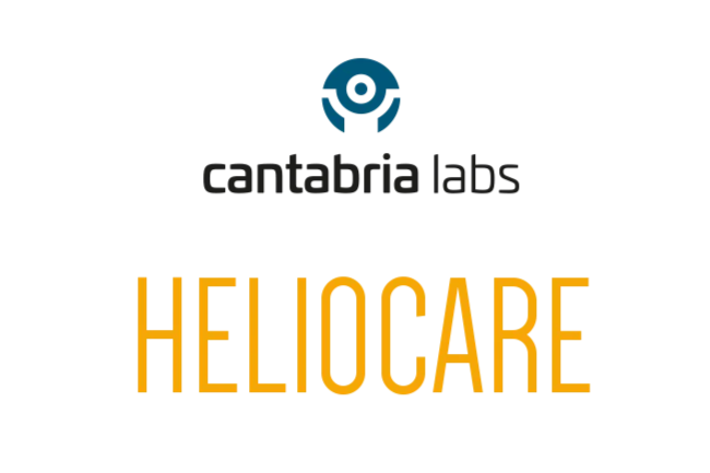 Logo of Cantabria Labs and the text "HelioCare" in gold letters.