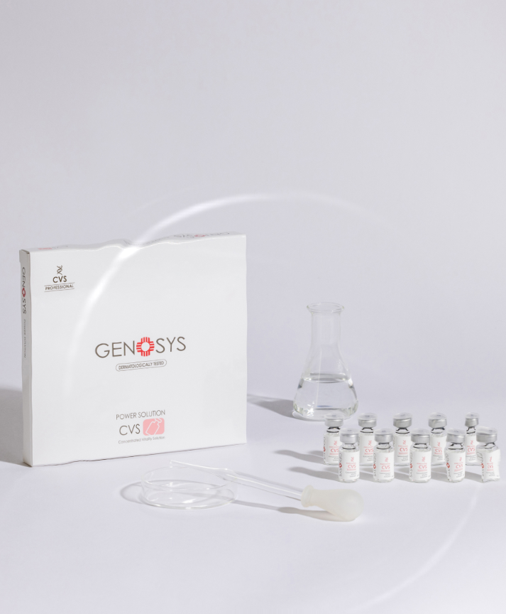 A white box labeled Gensys with a CVS logo, next to a glass beaker filled with clear liquid, several small vials labeled CVS, a pipette, and a bulb pipette on a white surface with a plain white background.