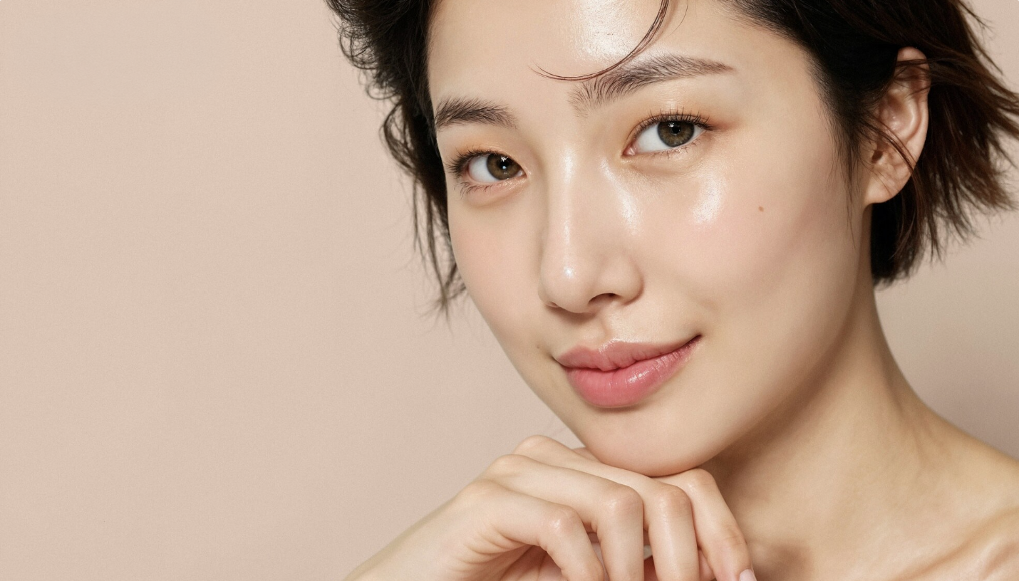 Close-up of a young woman with light skin and short, dark hair, gently resting her chin on her hand, smiling softly, with minimal makeup and a neutral background.