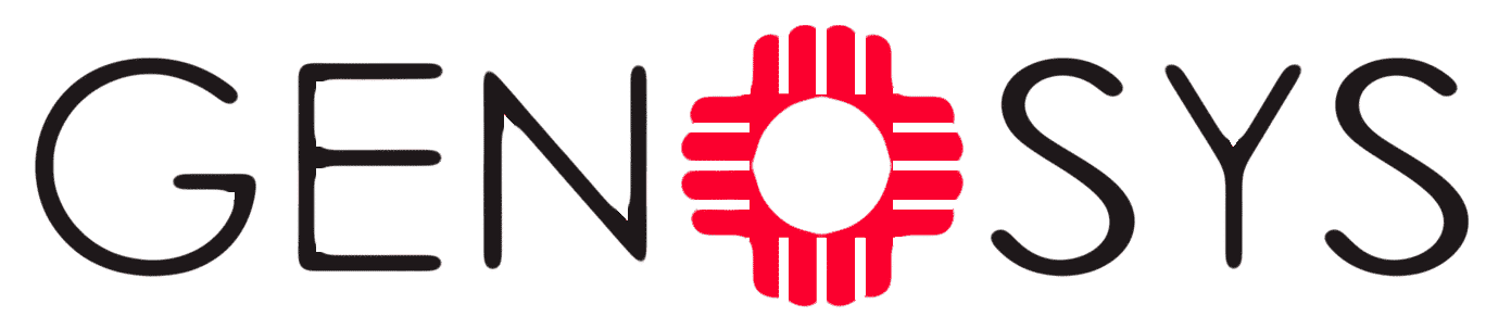 Gensys logo with the name in black letters and a red and black circular design in the middle of the text.